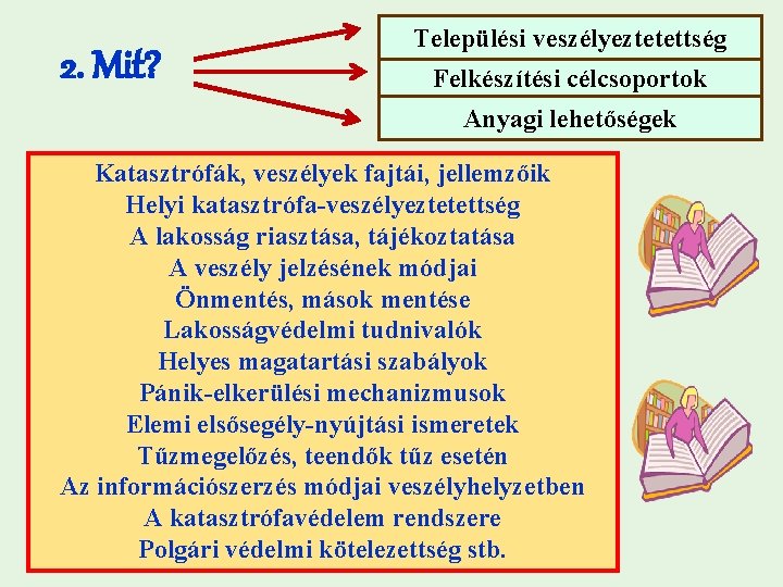 2. Mit? Települési veszélyeztetettség Felkészítési célcsoportok Anyagi lehetőségek Katasztrófák, veszélyek fajtái, jellemzőik Helyi katasztrófa-veszélyeztetettség