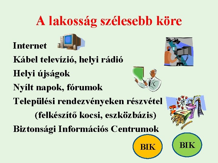 A lakosság szélesebb köre Internet Kábel televízió, helyi rádió Helyi újságok Nyílt napok, fórumok