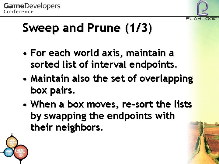 Sweep and Prune (1/3) • For each world axis, maintain a sorted list of