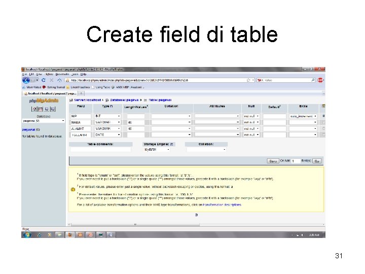 Create field di table 31 