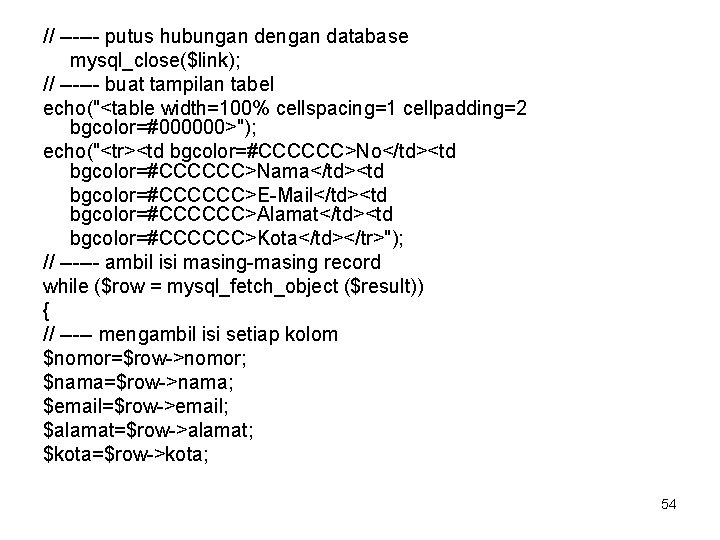 // ------ putus hubungan dengan database mysql_close($link); // ------ buat tampilan tabel echo("<table width=100%