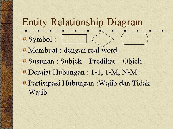 Entity Relationship Diagram Symbol : Membuat : dengan real word Susunan : Subjek –
