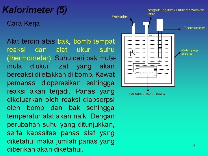 Kalorimeter (5) Pengaduk Penghubung listrik untuk menyalakan listrik Cara Kerja Alat terdiri atas bak,