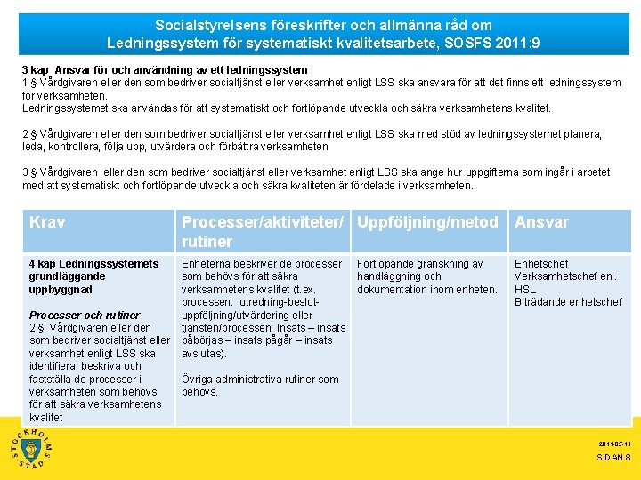 Socialstyrelsens föreskrifter och allmänna råd om Ledningssystem för systematiskt kvalitetsarbete, SOSFS 2011: 9 3