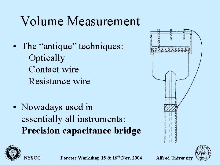 Volume Measurement • The “antique” techniques: Optically Contact wire Resistance wire • Nowadays used