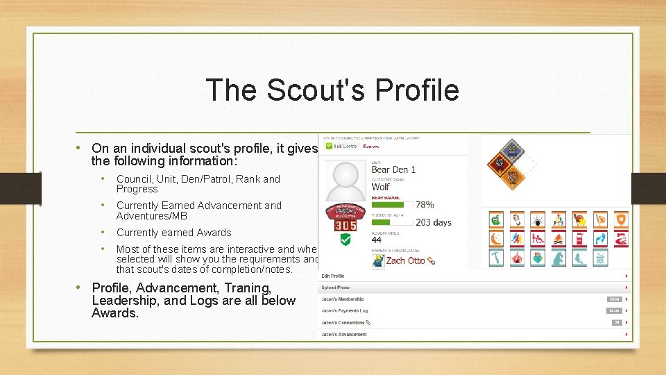 The Scout's Profile • On an individual scout's profile, it gives the following information: