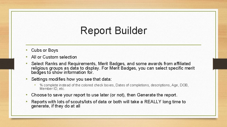 Report Builder • Cubs or Boys • All or Custom selection • Select Ranks