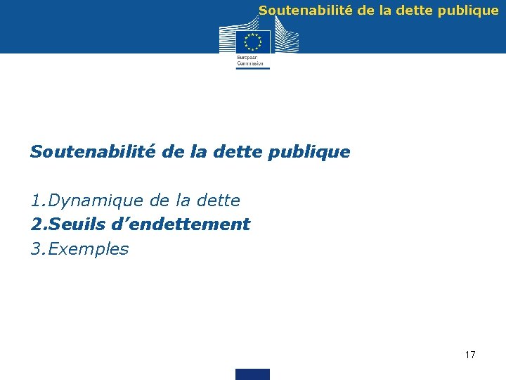 Soutenabilité de la dette publique 1. Dynamique de la dette 2. Seuils d’endettement 3.