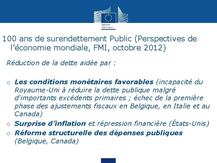 100 ans de surendettement Public (Perspectives de l’économie mondiale, FMI, octobre 2012) Réduction de