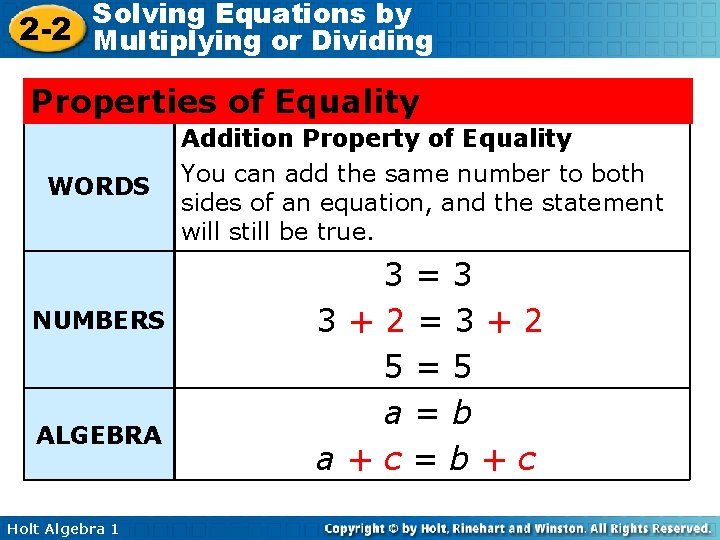 Solving Equations by 2 -2 Multiplying or Dividing Properties of Equality WORDS NUMBERS ALGEBRA