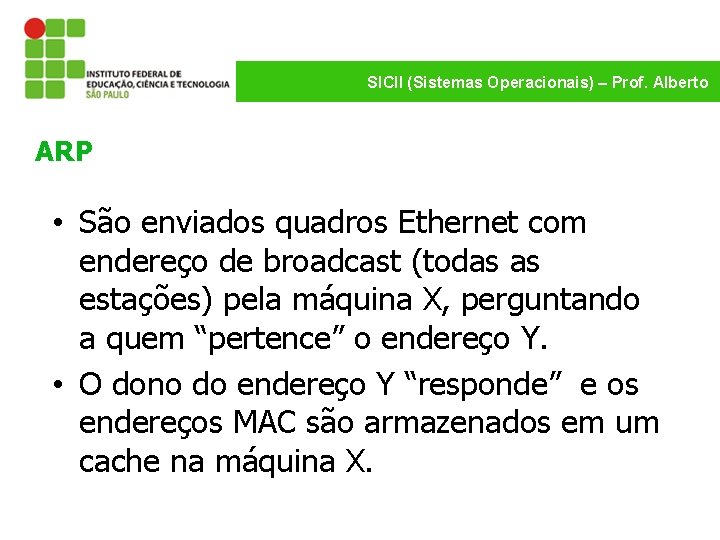 SICII (Sistemas Operacionais) – Prof. Alberto ARP • São enviados quadros Ethernet com endereço