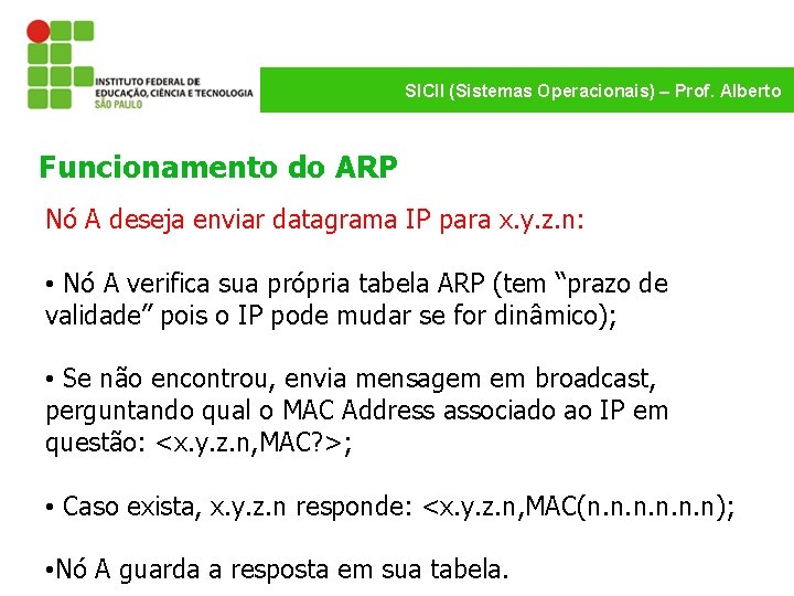 SICII (Sistemas Operacionais) – Prof. Alberto Funcionamento do ARP Nó A deseja enviar datagrama