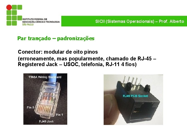 SICII (Sistemas Operacionais) – Prof. Alberto Par trançado – padronizações Conector: modular de oito