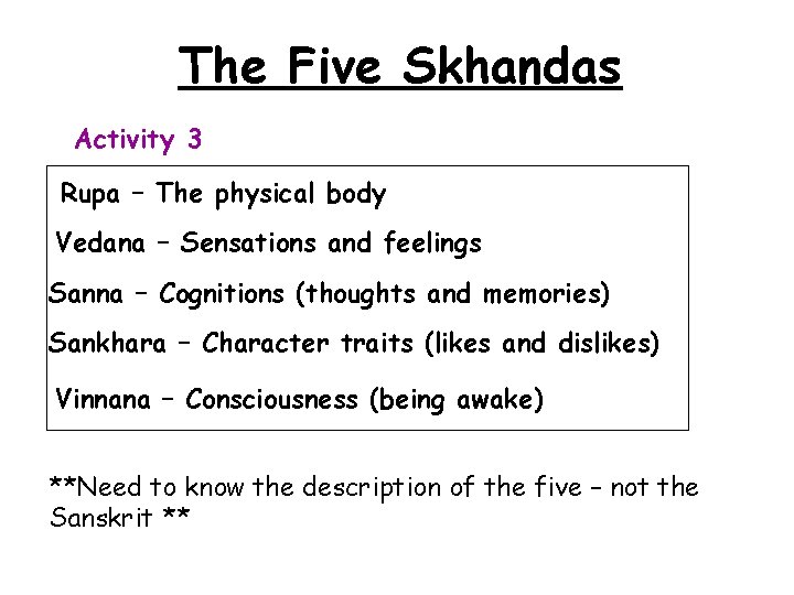 The Five Skhandas Activity 3 Rupa – The physical body Vedana – Sensations and