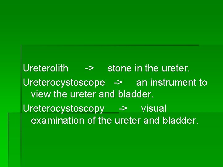 Ureterolith -> stone in the ureter. Ureterocystoscope -> an instrument to view the ureter