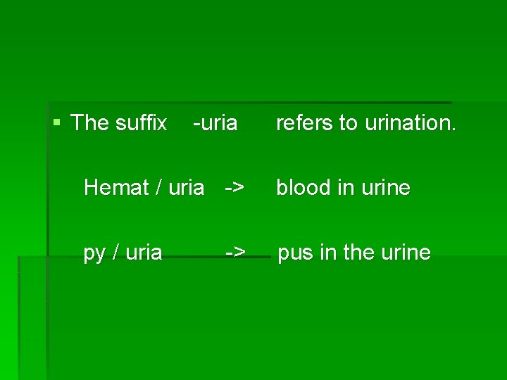 § The suffix -uria refers to urination. Hemat / uria -> blood in urine