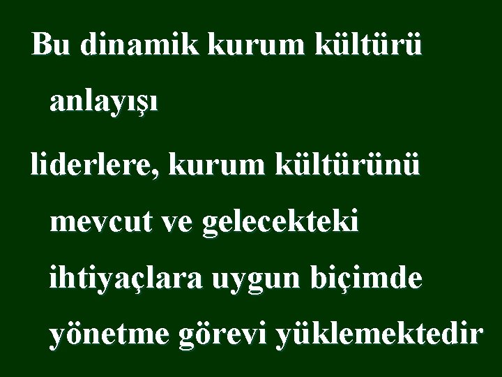 Bu dinamik kurum kültürü anlayışı liderlere, kurum kültürünü mevcut ve gelecekteki ihtiyaçlara uygun biçimde