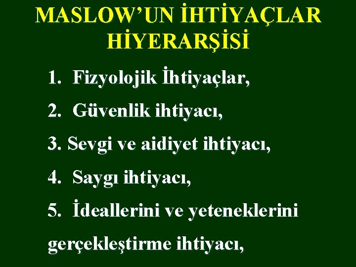 MASLOW’UN İHTİYAÇLAR HİYERARŞİSİ 1. Fizyolojik İhtiyaçlar, 2. Güvenlik ihtiyacı, 3. Sevgi ve aidiyet ihtiyacı,