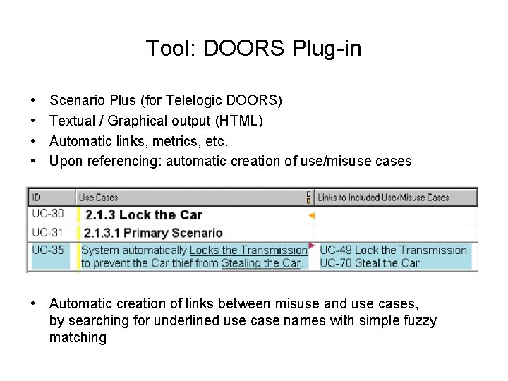 Tool: DOORS Plug-in • • Scenario Plus (for Telelogic DOORS) Textual / Graphical output