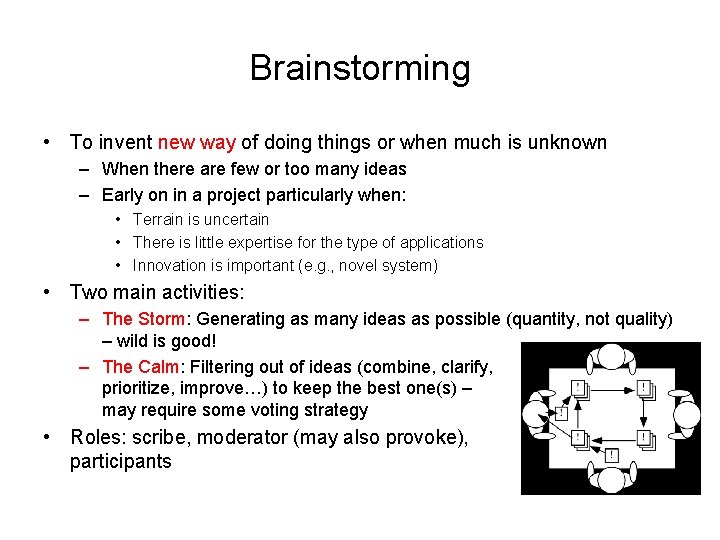 Brainstorming • To invent new way of doing things or when much is unknown