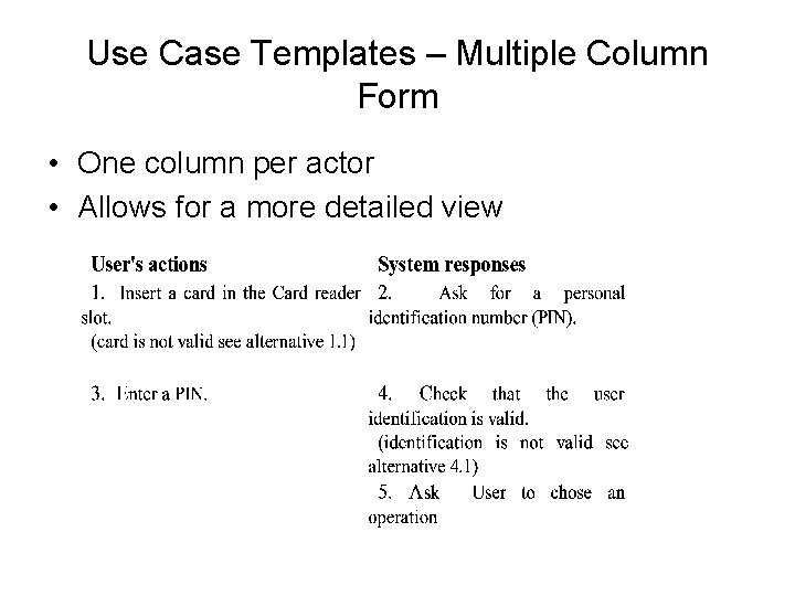 Use Case Templates – Multiple Column Form • One column per actor • Allows