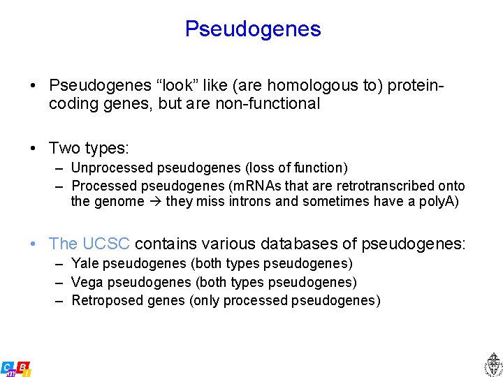 Pseudogenes • Pseudogenes “look” like (are homologous to) proteincoding genes, but are non-functional •