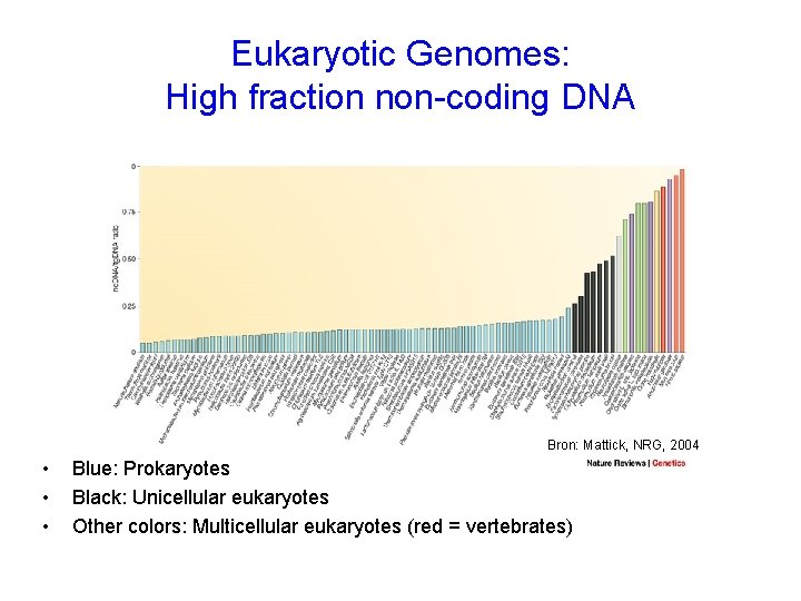 Eukaryotic Genomes: High fraction non-coding DNA Bron: Mattick, NRG, 2004 • • • Blue: