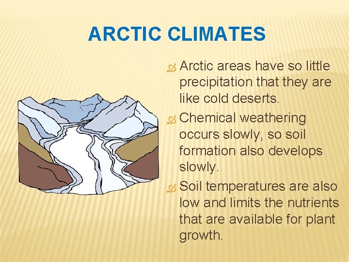 ARCTIC CLIMATES Arctic areas have so little precipitation that they are like cold deserts.