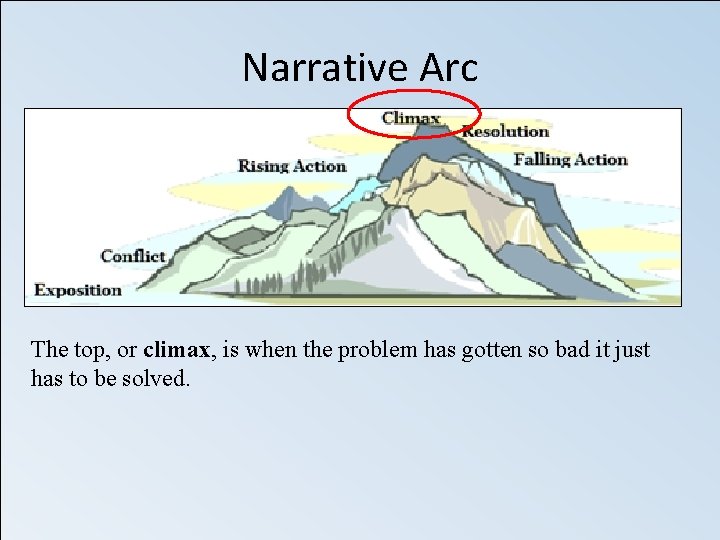 Narrative Arc The top, or climax, is when the problem has gotten so bad
