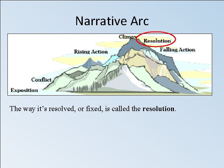 Narrative Arc The way it’s resolved, or fixed, is called the resolution. 