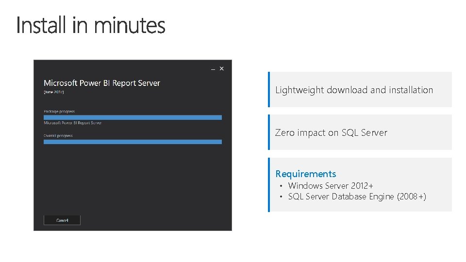 Lightweight download and installation Zero impact on SQL Server Requirements • Windows Server 2012+