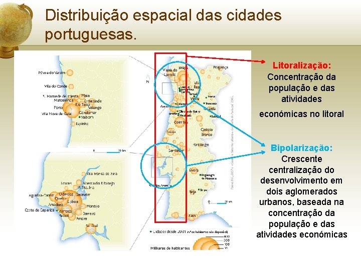 Distribuição espacial das cidades portuguesas. Litoralização: Concentração da população e das atividades económicas no