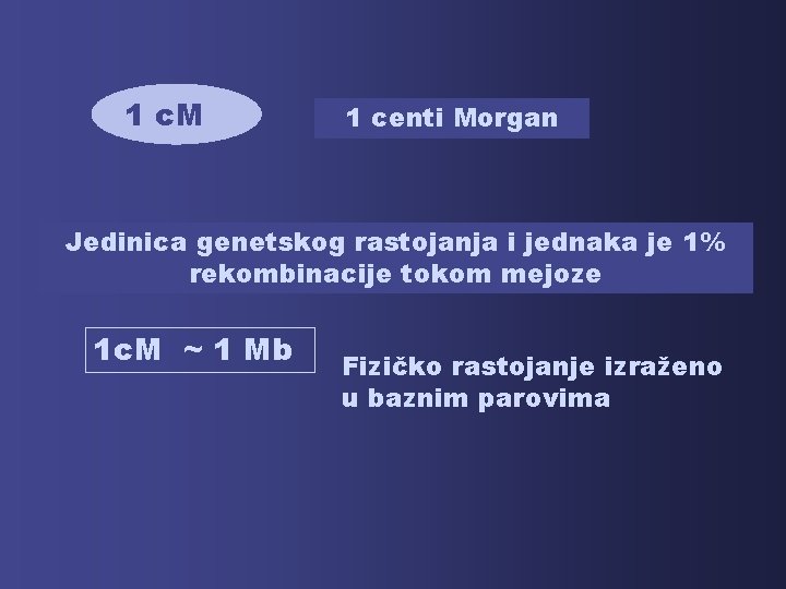 1 c. M 1 centi Morgan Jedinica genetskog rastojanja i jednaka je 1% rekombinacije