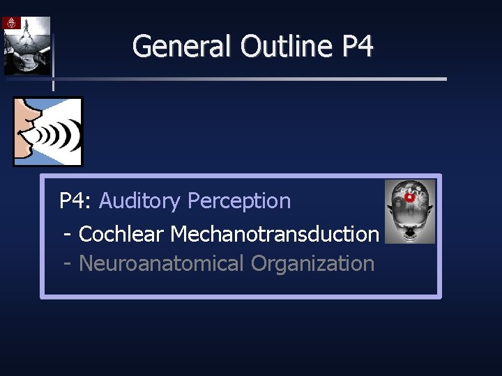 General Outline P 4: Auditory Perception - Cochlear Mechanotransduction - Neuroanatomical Organization 