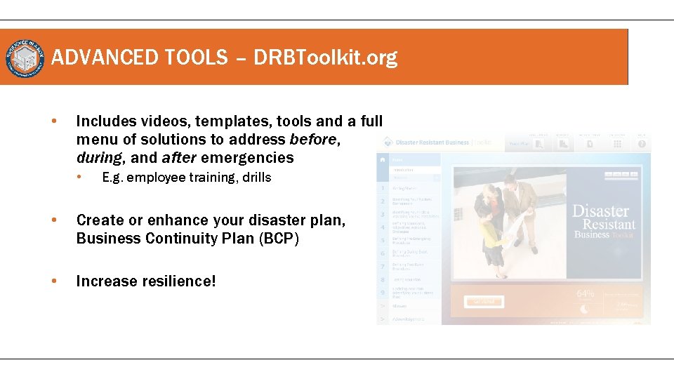 ADVANCED TOOLS – DRBToolkit. org • Includes videos, templates, tools and a full menu