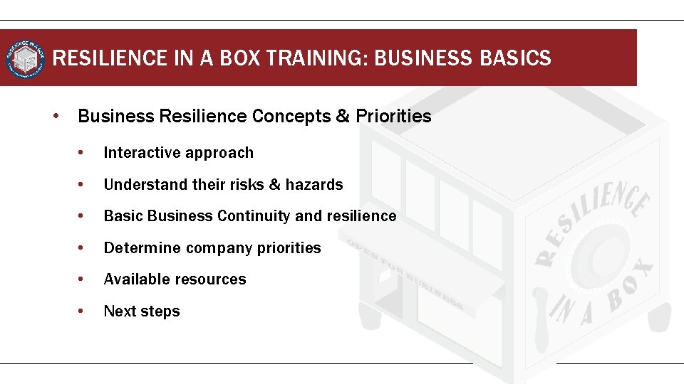 RESILIENCE IN A BOX TRAINING: BUSINESS BASICS • Business Resilience Concepts & Priorities •