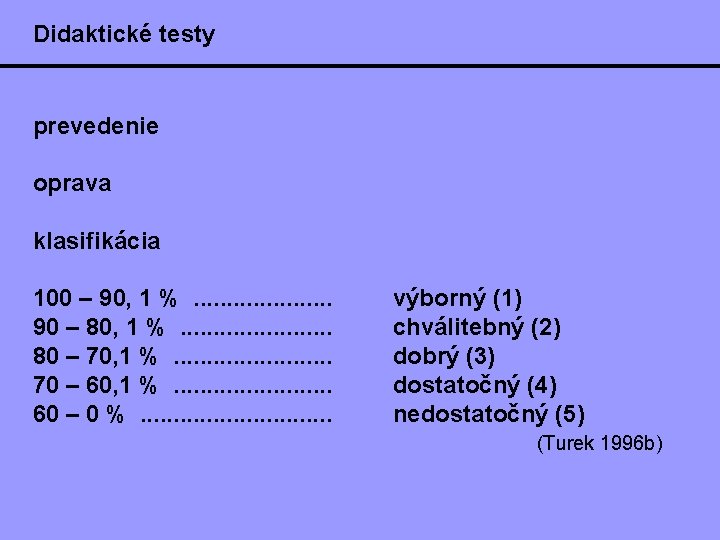 Didaktické testy prevedenie oprava klasifikácia 100 – 90, 1 % . . 90 –