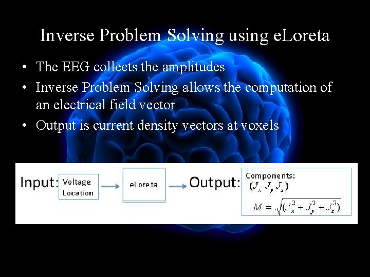 Inverse Problem Solving using e. Loreta • The EEG collects the amplitudes • Inverse