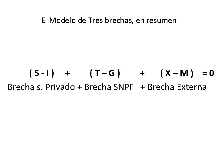 El Modelo de Tres brechas, en resumen (S-I) + (T–G) + (X–M) =0 Brecha