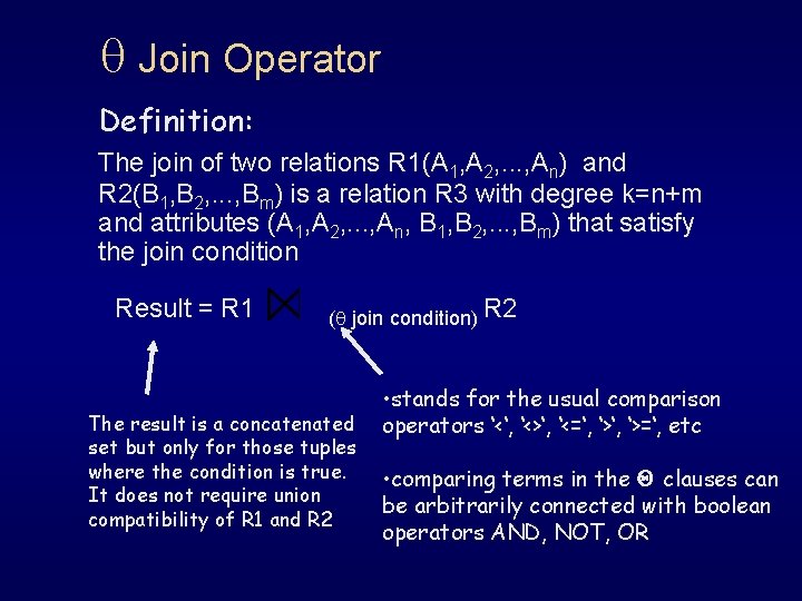  Join Operator Definition: The join of two relations R 1(A 1, A 2,