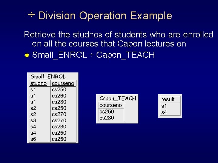 ÷ Division Operation Example Retrieve the studnos of students who are enrolled on all