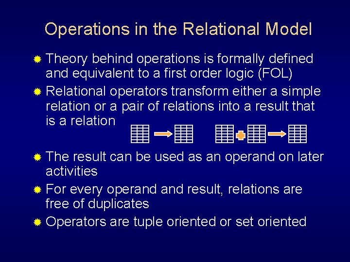 Operations in the Relational Model ® Theory behind operations is formally defined and equivalent