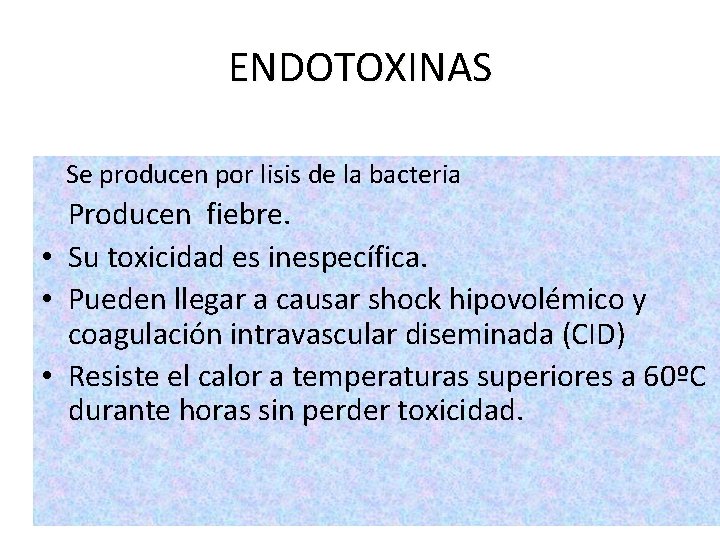 ENDOTOXINAS Se producen por lisis de la bacteria Producen fiebre. • Su toxicidad es