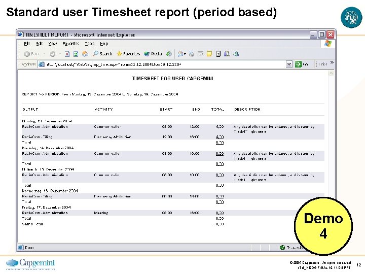 Standard user Timesheet report (period based) Demo 4 © 2004 Capgemini - All rights