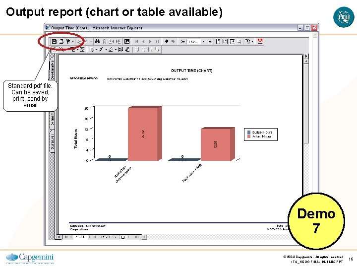 Output report (chart or table available) Standard pdf file. Can be saved, print, send