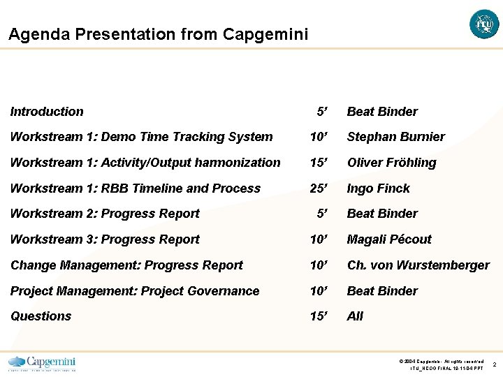 Agenda Presentation from Capgemini Introduction 5’ Beat Binder Workstream 1: Demo Time Tracking System