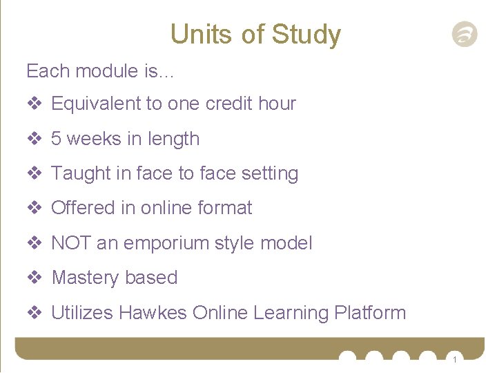 Units of Study Each module is… v Equivalent to one credit hour v 5