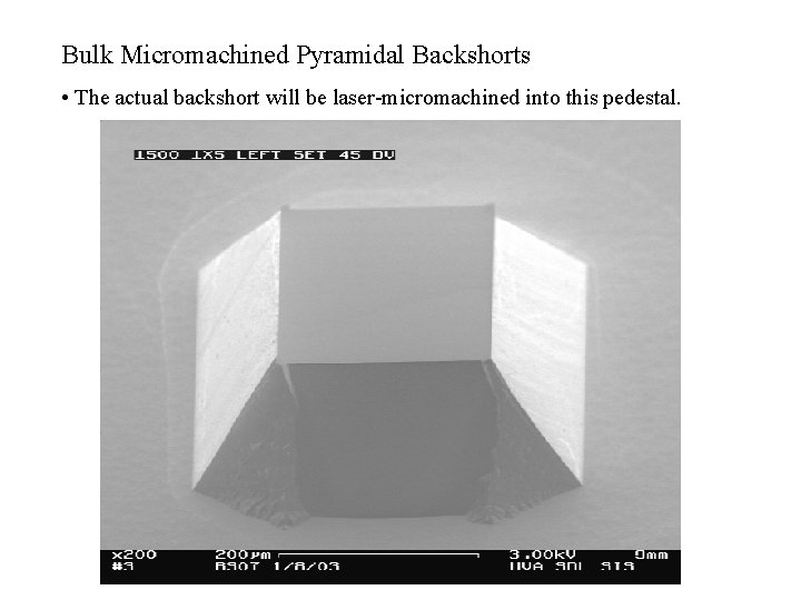Bulk Micromachined Pyramidal Backshorts • The actual backshort will be laser-micromachined into this pedestal.