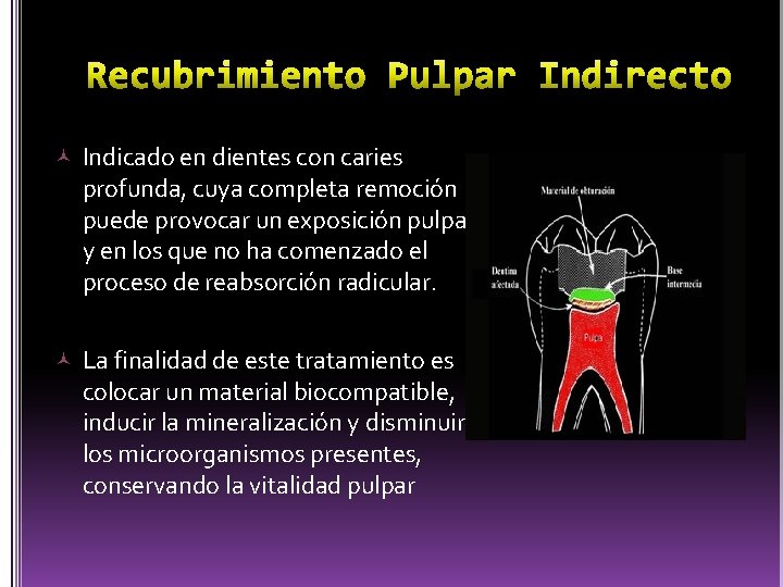  Indicado en dientes con caries profunda, cuya completa remoción puede provocar un exposición