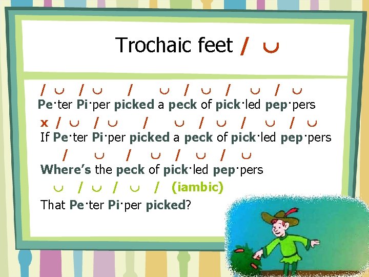  Trochaic feet / / Pe·ter Pi·per picked a peck of pick·led pep·pers x